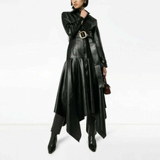 Damen Echt Leder Schwarz Trenchcoat Lammfell Lang Mantel Steampunk Jacke