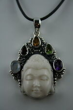 Knochen Carving  Buddha Gesicht  Sterling Silber  Edelsteine