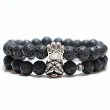 Armband 2er Set Unisex Bulldogge Hund Pfote Lava Stein Perlen Flexibel Schwarz