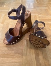 Damen Holz Clogs Pantoletten Mules High Heel Sandalen Leder Gr. 38