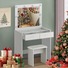 Weiß Schminktisch mit Spiegel LED-Leuchten 2 Schubladen Hocker Eitelkeit