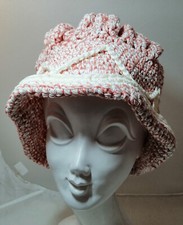 Häkel Damen Mütze (38) Handarbeit UNIKAT Upcycling Wolle Beige Lachs Schlapphut