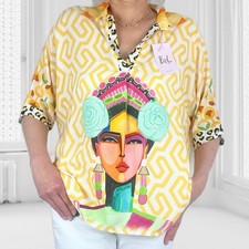 ITALY Oversize Bluse Tunika Kurzarm Damen Hemd Viskose Kopf Frau Gelb