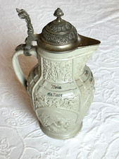 Antiker Krug Villeroy & Boch Relief Steinzeug Weinkrug mit Henkel und Zinndeckel