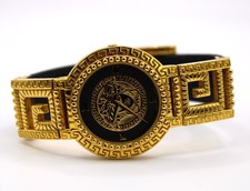 Gianni Versace Uhr Damen Armbanduhr Signature Vintage 18K gold schwarz Leder