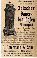 Ostermann & Sohn Hannover IRISCHER DAUERBRANDOFEN Historische Reklame von 1899