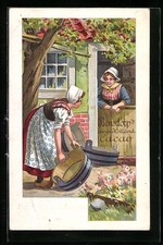 Ansichtskarte Bensdorp´s Cacao, Holländische Frau schrubbt Holzwanne 1910 