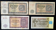 2x 5 und 1x 10 deutsche Mark, 1 Rentenmark 1937 sowjet. Besatzung Kupon 1948