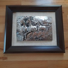 Wandbild Pferde, Zinnbild mit Holzrahmen, Deko, 27x23 cm, NEU