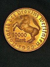 Westfälisches Notgeld 1923; 10.000 Mark Münze, vergoldet, vorzüglicher Zustand