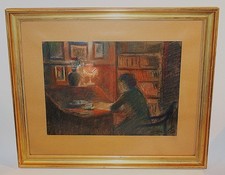 Frau im Dämmerlicht am Schreibtisch,ältere Pastellmalerei