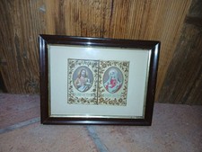 Heiligenbilder gewebt Herz Jesu Herz Marien Volkskunst 1870 in Rahmen antik