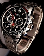 Edle Herren Männer Armband Uhr Chronograph Stoppuhr Datum Schwarz Silber Farben