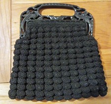 Vintage 40er Jahre Abend-Handtasche Kunststoffbügel Pfau gehäkelt Popcorn USA