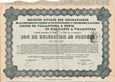 Soc Civiles des Obligataires Lignes de Villajoyosa a Denia Bon Paris 1912 France