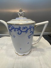 CARSTEN SORAU GROßE ANTIKE KAFFEE-KANNE PORZELLAN WEISS + DEKOR BLAU + GOLDF