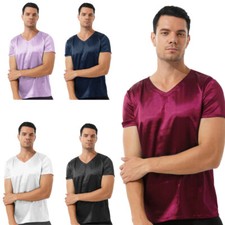 DE Herren Nachthemd Satin Pyjama Oberteil Hemd Kurzarm Schlafanzug Top T-Shirt