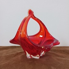 Glasschale rot Glaskunst Objekt handgefertigt Glaskorb Anbietschale 70er/80er