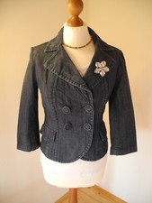 Damen Jeansjacke Strassbrosche Blazer Jacket Bolero kurz tailliert S 34 36 blau