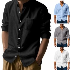 Herren Baumwolle-Stehkragenhemd – Einfarbig, mit Tasche, casual sportliches Top