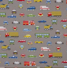 Stoff-Rest Baumwollstoff 140x100cm Autos Feuerwehr Polizei LKW hellgrau Canvas