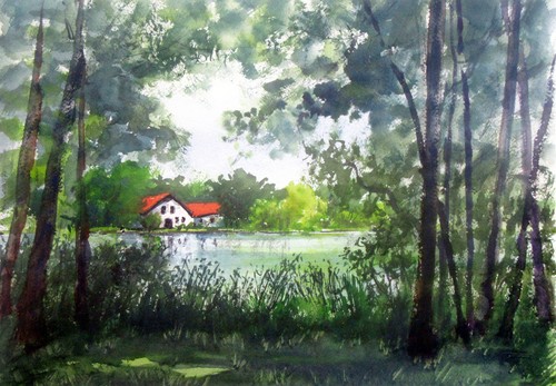 Landschaftsaquarell haus - ,