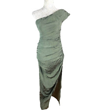 Evening Occasion Dress Women's UK Size 8 Green One Shoulder Crinkle Side Slit