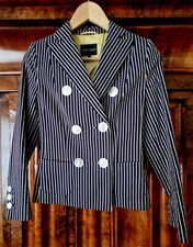 Rena Lange Eleganter Blazer Damen 34 XS Marine Look Blau Weiss Perlmutt Knöpfe