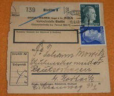 Stettin Paketkarte 1943 SIDOL-Werke Siegel & Co. Köln - Reutershagen Rostock