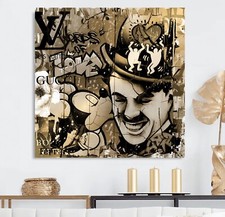 LEINWAND BILDER BIS 100x100x5 Charlie Chaplin & Mini URBAN POP-ART MODERNES GOLD
