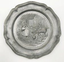 Vintage Zinn Wandteller Bauernhof Landhaus Händlerin Tiere Hund Retro 22,5cm