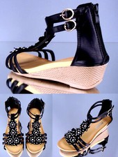 DAMEN Keil Sandaletten mit 4cm Wedge Keilabsatz Straßblumen Fußbett Sommerschuhe