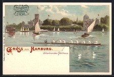 Lithographie Hamburg-Uhlenhorst, Partie am Fährhaus, Segelboote, Ruderboot 