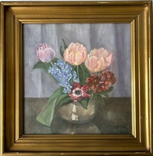 Ölbild Stillleben mit Blumen Tulpen unleserlich signiert 41,5 x 41 cm