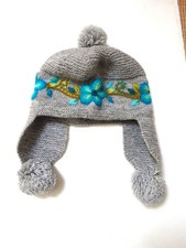 Anden Alpaka Mütze Peru Handarbeit bestickt grau türkis neu
