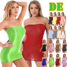 DE Damen Glossy Nylon Minikleid Bodycon Sexy Trägerlose Glanz Stretch Unterröcke