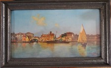 Original Venedig Ansicht Aquarell von 1937 signiert mit Dampfer und Segelboote