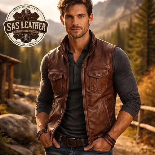 Herren echtleder weste - herren, braun