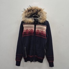 Dale of Norway Floyen Wool Fair Isle Xmas Fur Hood Cardigan Jacket Size Large