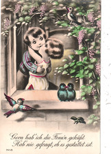 AK  -1928 -  Frau am Fenster mit Efeuranke + Vogel