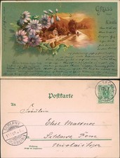 Ansichtskarte  Stimmungsbild Ort am Fluss Blumen 1900 A Stempel Schlawe Pommern