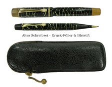 Schönes altes Reise-Schreibset, Füller & Bleistift mit Leder-Etui, vor 1945