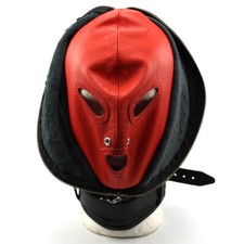 BDSM Leder Kopfmaske RED-2 mit Doppel Reißverschluss Breathplay Maske schwarz