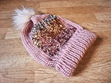 Strick-Mütze accessories rosa gefüttert Pailletten Fellbommel Damen Neuzustand