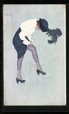 Künstler-AK Raphael Kirchner: Le coup de la Jarretelle, Elegante Drau mit Feder 