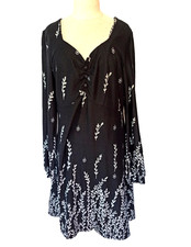 Kleid  Schwarz mit Weißen Blättern & Blumen T354G  Gr.-40- passt 38,40,S