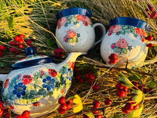 originaler Bunzlauer Keramik Kännchen + 2 Tassen Unikat handbemalte 