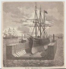 Schwimmendes Dock Segelschiff Schwimmdock HOLZSTICH von 1878