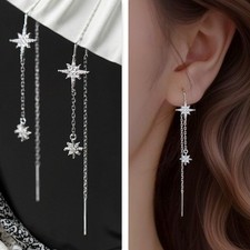 Nordstern Durchzieher Ohrringe CZ Einfädler 925 Sterlingsilber Plattiert Neu