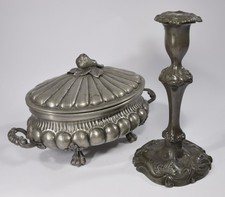 antike METALARS Zinn DECKELDOSE Terrine + Jugendstil Kerzenhalter Prunk Ständer